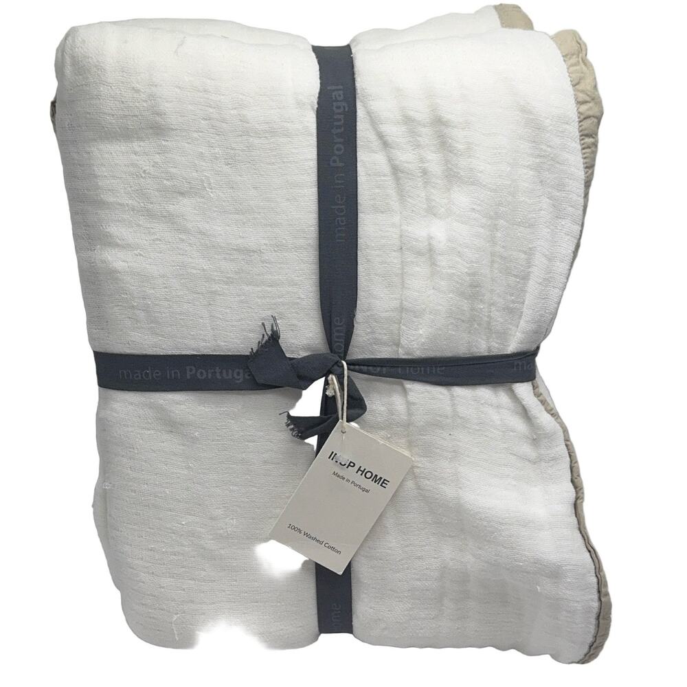 INUP HOME Blanket Queen 90"x90" Washed Cotton White Beige Portugal